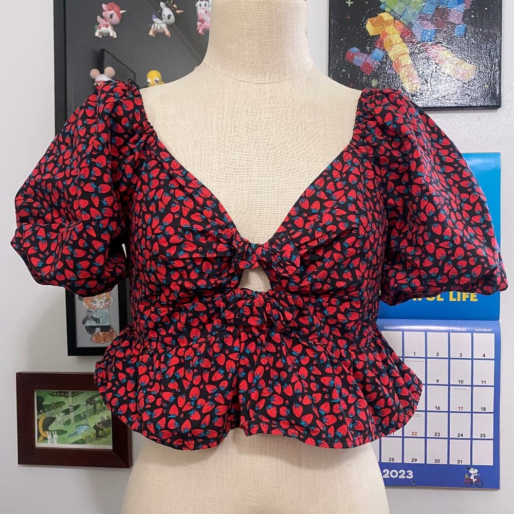 Band Of the Free Strawberry Print Peplum Blouse